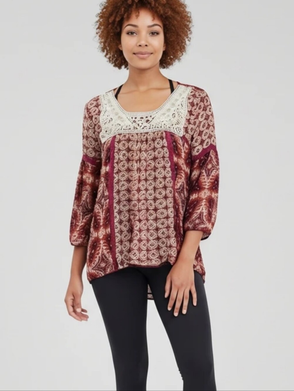 Bila Burgundy Multi Crochet-Yoke Boho Tunic
